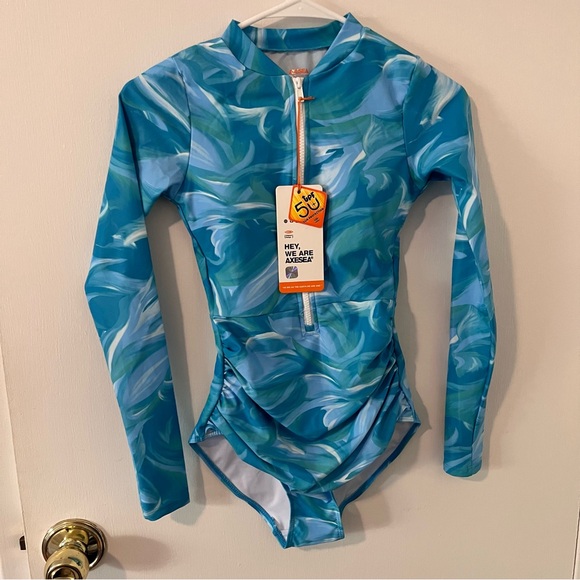 NWT AXESEA Rash Guard Long Sleeve One Piece Swimsuit Zip Bathing Suit Blue 4 - Picture 2 of 12